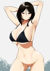 armpits arms_up bikini black_hair blue_eyes bottomless breasts cleavage female girls_und_panzer large_breasts looking_at_viewer mochi_(mochiokomet) navel nonna_(girls_und_panzer) shita_(yagisauce_07) solo