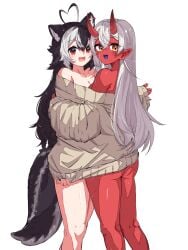 2girls :d ahoge akumi bare_shoulders black_hair breasts eyebrows_visible_through_hair female hair_between_eyes horns long_hair looking_at_viewer momotexx_(vtuber) multiple_girls oerba_yun_fang off_shoulder open_mouth red_eyes red_skin sleeves_past_fingers sleeves_past_wrists smile sweater tail very_long_hair vyugen white_hair