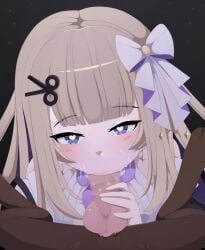 1animal 1dog 1girls absurd_res amanogawa_shiina biocrine blonde_hair blowjob blush canine censored censored_penis clothed_female_nude_male clothing earrings eyebrows_visible_through_hair fellatio female hair_ornament happy happy_sex heart-shaped_pupils long_hair male penis phase_alias phase_connect pov purple_eyes virtual_youtuber vtuber zoophilia