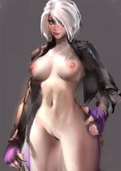 1girls :p angel_(kof) areolae balloon belly belly_button big_breasts blue_eyes bottomless boxing_ring breasts collarbone decoration female female_only festive fighting_ring gesture hair_over_one_eye hand_sign jacket jacket_only king_of_fighters king_of_fighters_xiv king_of_fighters_xv l latina light-skinned_female light_skin lucha_libre_mask luchador_mask naked naked_female navel nipples nude nude_female open_clothes open_jacket orionm practically_nude pubic_hair pussy removing_clothing short_hair sign silver_hair snk solo solo_female taking_clothes_off teeth thighs tongue_out white_border