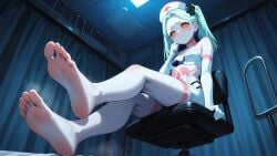ai_generated bare_shoulders barefoot blush breasts crossed_legs cyberpunk elbow_gloves embarrased_female embarrassed erosaga feet female foot_focus foot_up foreshortening gloves hat long_hair looking_at_viewer no_shoes nurse nurse_cap orange_eyes rebecca_(cyberpunk) red_cross single_shoe sitting soles solo spread_toes tattoo thighhighs toe_scrunch toes white_gloves white_legwear yellow_eyes