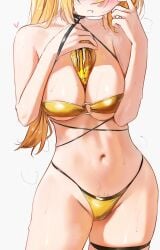 abdomen belly belly_button big_breasts bikini blonde_female blonde_hair blonde_hair blonde_hair_female blonde_pubic_hair breast_press breasts darkness_(konosuba) female female_only kono_subarashii_sekai_ni_shukufuku_wo! large_breasts midriff monster_energy navel only only_female waligner