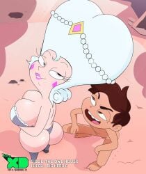 1boy 1girls age_difference ass beach beads breasts brown_hair completely_nude constricted_pupils earrings english_text female gosgoz hairband jewelry long_hair looking_at_viewer looking_up male marco_diaz milf moon_butterfly nude older_female older_female_and_younger_male open_mouth outdoors penis short_hair star_vs_the_forces_of_evil straight white_hair
