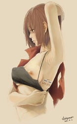 breasts brown_hair daigoman lips meiko profile red short_hair simple_background tattoo vocaloid