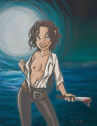 1girls belt breasts brown_hair female history knife m._sciuto mary_read nipples ocean open_shirt pirates smirk solo white_shirt