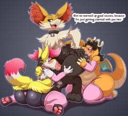 absurd_res anal anthro arm_warmers armwear ass augury_(artist) augury_(character) balls big_balls big_butt big_penis braixen chi_(mischiefmaster) clothing collar delphox dialogue dragonite eye_roll eyeliner fellatio femboy generation_1_pokemon generation_6_pokemon genitals grey_(dgbraixen) group group_sex hair hi_res kiss_mark legwear lipstick long_hair makeup male male/male nintendo oral panties pawpads paws penile penis pokemon pokemon_(species) rimming sex stockings threesome trio underwear