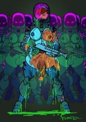 april_o'neil april_o'neil_(tmnt_2012) armor big_breasts bodysuit breasts futanari gun holding_weapon intersex multiple_futa penis planz34 slime standing teenage_mutant_ninja_turtles tmnt_2012 wet