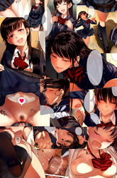 9210sukidesu black_hair blazerheart blue_eyes blush breasts censored cowgirl_position fellatio female highres large_breasts long_hair montage nipples open_clothes open_mouth open_shirt oral original penis pubic_hair pussy school_uniform skirt skirt_lift sweat tear vaginal_penetration