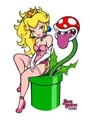 2013 blonde_hair blue_eyes breasts crown female gloves jive_guru lingerie mario_(series) nintendo pin_up piranha_plant princess_peach stockings warp_pipe white_background