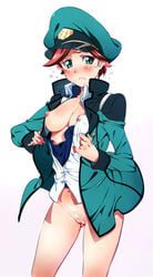 blush bottomless breasts cameltoe captain_uniform female green_eyes gundam gundam_age hat highres looking_at_viewer military military_uniform natora_einus navel niko_(tama) nipples no_bra no_pants open_clothes open_jacket open_shirt peaked_cap pussy red_hair see-through short_hair solo sweat sweatdrop tear uncensored underwear undressing uniform