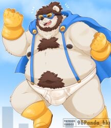 2025 96panda anthro balls balls_outline bear belly big_belly bulge clothing detailed_bulge eyewear genital_outline gloves goggles handwear hi_res humanoid_hands kemono male mammal moobs nipples overweight overweight_male penis penis_outline solo superhero superhero_costume suspenders underwear