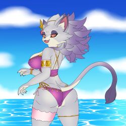 1:1 1girls accessory anthro armband ass belladonna_(trials_of_mana) big_breasts big_butt bikini breasts choker claws clothing demon eyelashes eyeliner eyeshadow fangs feather_in_hair felid female flower flower_accessory flower_in_hair fur furry gold_(metal) hair hair_accessory hi_res jewelry kamek_sans legband looking_at_viewer looking_back loose_feather makeup mammal mana_(series) necklace nipple_outline orange_sclera outside plant purple_body purple_eyes purple_fur solo square_enix swimwear teeth thick_thighs trials_of_mana two-piece_swimsuit water white_body white_fur yellow_eyes