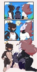 anthro arty_(ascendedarty) avian balls big_balls bird comic corvid doggy_style fellatio from_behind_position genitals group group_sex haplorhine hi_res janslobonejo kobold male male/male mammal monkey oral oscine passerine penile primate scalie sex tagme threesome trio