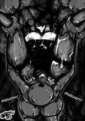 above_view bad_end bad_ending black_and_white black_hair breasts clothed cum_in_hair cum_on_breasts defeated defeated_heroine dress futanari gangbang goo_creature intersex lica_(oozed) oozed pantyhose parasite shiny slime slime_zombie tights zombie