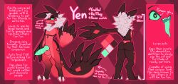 absurd_res anthro ass balls big_hands big_penis biped coffaebeans digital_media_(artwork) english_text eyeliner femboy fur generation_6_pokemon genitals glowing glowing_eyes glowing_tongue hi_res huge_hands knot legendary_pokemon makeup male model_sheet nintendo penis pokemon pokemon_(species) ribbed_penis segmented_penis smile standing tail text tongue yen_(coffaebeans) yveltal