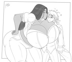 2d 2d_(artwork) 2d_artwork artjwink bent_over big_breasts black_and_white black_hair black_hair_female breasts breasts_bigger_than_head couple couple_(romantic) digital_drawing_(artwork) digital_media_(artwork) duo duo_focus enormous_breasts face_on_breast female heart height_difference human human_female human_male human_only jwinkz kissing kissing_cheek large_breasts larger_female long_hair long_hair_female male male/female short_hair short_hair_male shorter_male size_difference summer_(jwinkz) taller_girl thick_thighs thighs