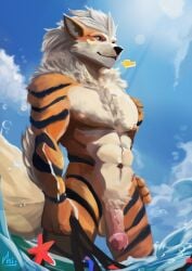 anthro arcanine bara canid canine canis fluffy generation_1_pokemon hi_res inij male mammal muscular nintendo pokemon pokemon_(species) sea solo summer water yaoi