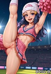 ai_generated beanie bosu_ai cheering cheerleader cheerleader_uniform dawn_(pokemon) no_panties one_leg_up pokemon pom_poms pussy stadium standing_split upskirt