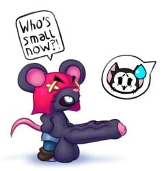 2024 anthro balls big_penis black_body black_fur brawl_stars domestic_cat duo felid feline felis fur genitals instant_loss_2koma kit_(brawl_stars) male mammal meowny moe_(brawl_stars) mouse murid murine penis rodent speech_bubble supercell_(company) surprised_expression text vein veiny_penis whiskers