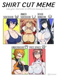 5girls baiken blazblue druzsea guilty_gear huge_breasts ippo kill_la_kill kiryuuin_satsuki makoto_nanaya mari_illustrious_makinami neon_genesis_evangelion persona persona_4 plugsuit shirogane_naoto shirt_cut_meme tagme