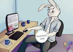 1boy anthro boy_toy censored chair chest clothing coffee computer cups fur furoticon furry internet keyboard lagomorph male male_only masturbation mouse noel office pants rabbit rika rodent sitting solo tcg