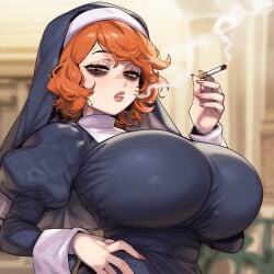 ai_generated bent_over big_breasts blush church church_interior closed_eyes nun nun_outfit orginal_character original original_character red_hair thick_ass thick_thighs