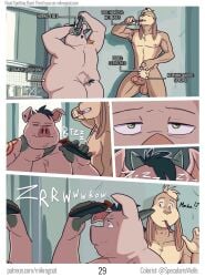 abe_(mikrogoat) anthro armpit_hair athletic balls basil_(mikrogoat) body_hair brush brushing brushing_teeth close-up comic domestic_pig duo ear_piercing electric_razor english_text erection faucet floppy_ears genitals green_eyes hi_res horn lagomorph leporid male mammal mikrogoat mirror mirror_reflection muscular muscular_male nipples nose_bubble nude onomatopoeia overweight overweight_male penis piercing pubes rabbit razor red_eyes reflection scratching shaving shaving_head sink sleeping sound_effects stubble suid suina sus_(pig) tail tattoo text tools toothbrush_in_mouth url vowelless vowelless_sound_effect zzz