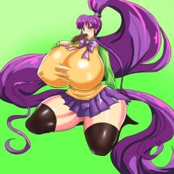 1:1 1girls absurdly_long_hair banana bangs big_breasts bowtie breasts chocolate clothing curvy eiken eyelashes female female_focus female_only food food_in_mouth food_play gigantic_breasts green_background highres hips holding_food huge_breasts human hyper hyper_breasts jojolian kirika_misono kneesocks large_breasts legwear licking long_sleeves looking_at_viewer miniskirt on_knees open_mouth pinup pleated_skirt ponytail purple_eyes purple_hair school_uniform schoolgirl shiny_skin shirt simple_background skirt solo solo_female sweater_vest thick_thighs thighhighs thighs tied_hair tongue tongue_out voluptuous wide_hips