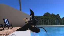 beast_darling_(cally3d) big_ass big_breasts bikini female furry_male nude_female nude_male pool riding_penis synth_(vader-san) vrchat vrchat_avatar