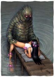 1boy anthro ben_newman black_hair creature_from_the_black_lagoon creepy female_on_anthro fishman flowers gill-man human human_on_anthro interspecies long_hair male monster one-piece_swimsuit one_piece_swimsuit swimsuit