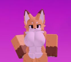 3d annoyed_expression breasts fox furry hand_on_hip looking_at_viewer orange_fur purple_background pussy_out roblox robloxian screenshot tagme