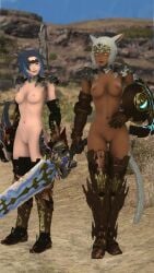 3d 5_toes animal_humanoid armwear blue_hair bottomless breasts brown_body brown_skin cat_humanoid clothed clothing devilscry digital_media_(artwork) duo exposed_breasts feet felid felid_humanoid feline feline_humanoid female final_fantasy final_fantasy_(series) final_fantasy_xiv fingers hair humanoid humanoid_genitalia mammal mammal_humanoid markings medium_breasts merle_nyalentine miqo'te navel nipples nude pussy short_hair small_breasts source_filmmaker square_enix sword tan_body video_games white_hair y'shtola y'shtola_rhul