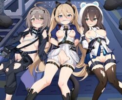 2d 3girls absurdres ahoge amber_eyes animal_hood bangs belly belt black_tail blonde_hair blue_eyes blush bondage boots breasts_out brown_hair cat_ear_headphones censored censored_pussy collared_shirt female_only fringe garter_straps glasses_on_head handcuffs hands_behind_back headphones heart-shaped_pupils hood hoodie human indoors kittychan knees_together_feet_apart kokona_(strinova) lanyard leg_garter light-skinned_female long_hair looking_at_viewer medium_breasts medium_hair michele_(strinova) miniskirt mosaic_censoring multiple_girls navel nipples on_back on_floor pouch punishment pussy ripped_clothing small_breasts stockings stomach strinova tail thighs tie turquoise_eyes twintails underboob yvette_(strinova)