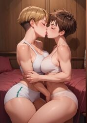 2girls ai_generated ass blonde_hair brown_hair caked_up curvy eiko_(zero) eteeming female_only flashing grace_harper holding_breasts nude pixie_cut short_hair solo terminator terminator_(franchise) terminator_dark_fate terminator_zero tomboy yuri