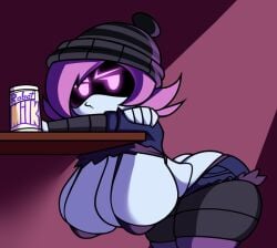 artist_request beanie big_breasts exposed_breasts murder_drones purple_eyes purple_hair source_request tagme uzi_(murder_drones)