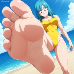 1boy1girl 1girls ai_generated anime anime_style barefoot beach blue_hair breasts brush cum cum_on_soles cumming dragon_ball dragon_ball_z female_focus foot_fetish footjob footwear large_breasts maron nsfwworks.ia pose sitting smile soles toes underwear yellow_underwear