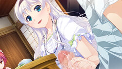 3boys aogiri_penta blush crossdressing cum cum_on_body cum_on_upper_body cumdrip dress ejaculation femboy frills fujikiri_nao handjob itsukushima_hibiki josou_kaikyou male male_only multiple_boys naughty_face penis red_hair smile trap under_the_table white_hair yaoi