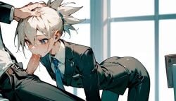 1femboy blowjob blue_eyes hair_tied_back mila_matsumoto oc original original_character sucking_penis suit_and_tie white_hair workplace yaoi