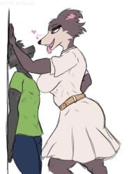 anon anthro ass beastars big_butt bodily_fluids canid canine canis clothing curvy_figure duo eriklechugaa fangs female hands_on_wall heart_symbol juno_(beastars) larger_male male male/female mammal open_mouth saliva school_uniform seductive size_difference teeth thick_thighs uniform voluptuous wolf