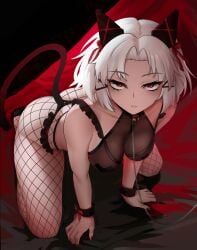 1girls bell cat_ears cat_tail drake_(nikke) female fishnets fully_clothed goddess_of_victory:_nikke hairclip leaning_forward leash lingerie looking_at_viewer medium_breasts pasties red_eyes red_nails ribbons suggestive syde_b white_hair