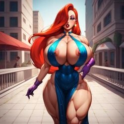 ai_generated alternate_costume big_ass big_breasts curvy_female female gauntlets hair_over_one_eye jessica_rabbit nipples_visible_through_clothing red_hair thick_thighs voluptuous_female who_framed_roger_rabbit wide_hips