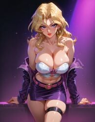 ai_generated blonde_hair cleavage fr34ky hoop_earrings huge_breasts mai_valentine thighs yu-gi-oh!