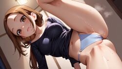 1girls ai_generated belly_button black_topwear blush brown_eyes brown_hair cameltoe karakai_jouzu_no_(moto)_takagi-san large_breasts leg_lift looking_at_viewer low_ponytail milf presenting_pussy pussy_juice pussy_juice_drip sweat takagi-san thong