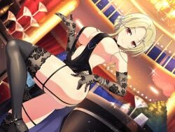 1girls black_dress blonde_hair breasts chandelier cocktail cocktail_glass dress elbow_gloves garter_straps gloves hair_ornament hair_tied_back high_heels large_breasts looking_at_viewer nextnew nightclub red_eyes senran_kagura shiki_(senran_kagura) side_slit thighhighs