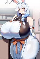 ai_generated ameanon apron big_breasts blue_hair bodystocking breasts breasts_bigger_than_head bunny_ears bunny_girl cleavage gigantic_breasts hololive huge_breasts large_breasts pekomama rabbit_ears rabbit_girl sideboob thick_thighs two_tone_hair virtual_youtuber vtuber white_hair wide_hips