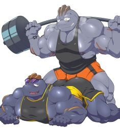 2boys ass clothing gay glasses grey_body husband_and_husband machoke maldu male male_on_male muscular muscular_male nipple_piercing nipples pokemon pokemon_(species) tattoo weights workout workout_clothes