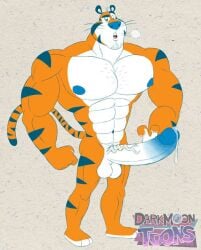 balls big_penis black_stipes boner cereal_mascot cum cumming darkmoontoons frosted_flakes frosties furry male_only muscles muscular naked orange_fur orgasm penis tiger tony_the_tiger white_abs white_balls white_pecs white_penis