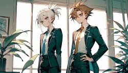 1femboy 2boys ai_generated daytime femboy hair_tied_back mila_matsumoto plants suit_and_tie white_hair workplace