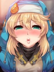 1boy alternate_version_available androgynous blue_eyes blush bridget detailed_background drooling femboy girly guilty_gear hood human indoor inside kissing looking_at_viewer male male_only open_mouth room sakusaku_(sakusakucrab) saliva shiny shiny_skin solo yellow_hair