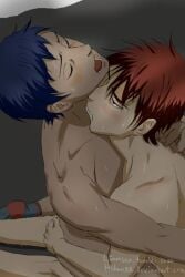 2boys aomine_daiki biting_neck blush daiki_aomine dark_blue_hair kagami_taiga kuroko's_basketball kuroko_no_basuke male/male red_hair red_hair_on_blue_hair red_hair_top riding sitting_on_person taiga_kagami tan_skinned_male tanned_male